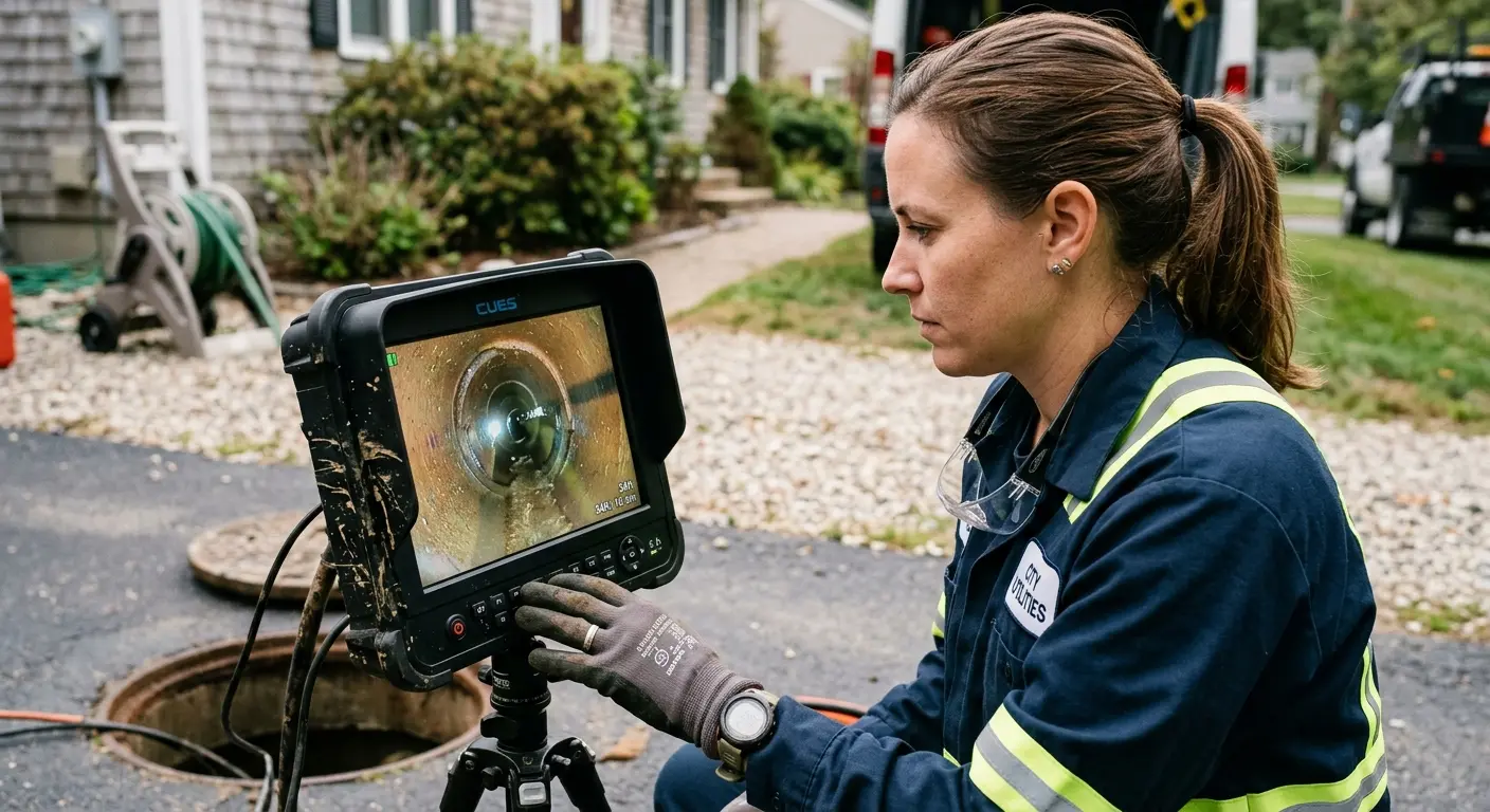 Technician reviewing sewer camera inspection footage in Sylacauga