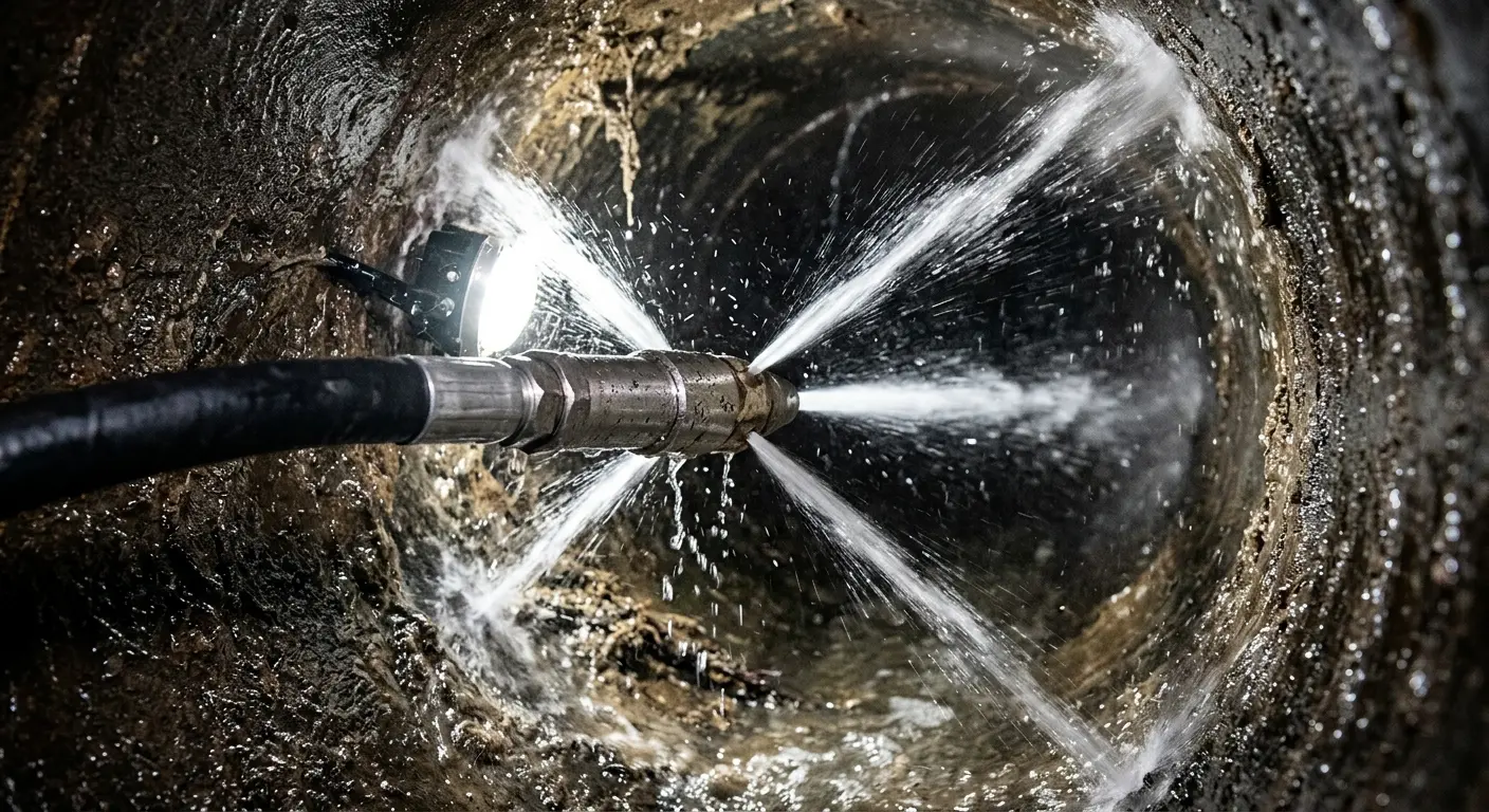 High-pressure hydro jetting nozzle cleaning sewer pipe for Emergency Drain Service in Sylacauga