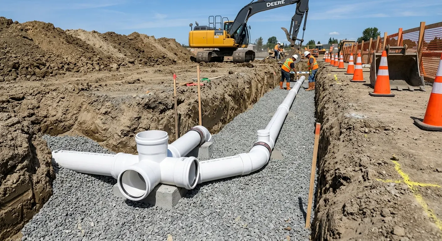 New PVC sewer pipe installation in open trench for Sewer Backup in Sylacauga