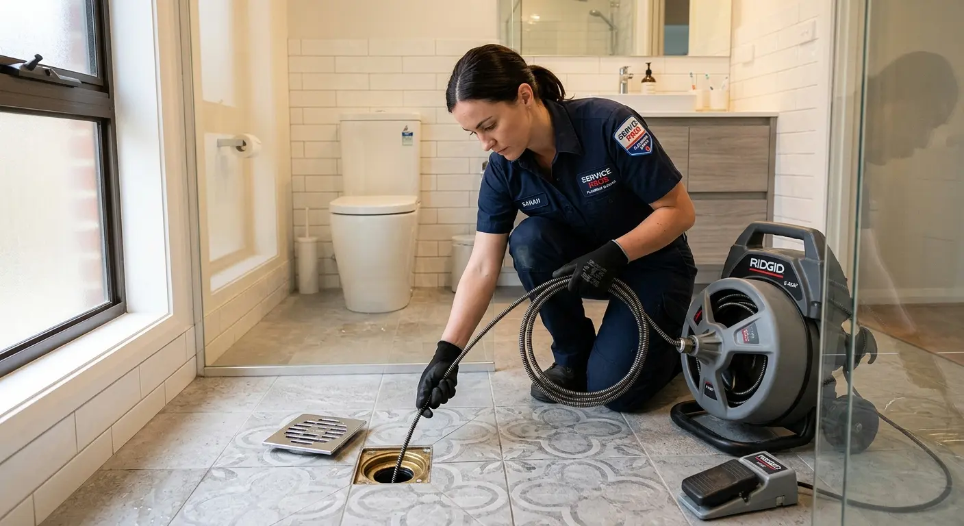 Technician clearing a bathroom floor drain for Sewer Line Replacement in Sylacauga